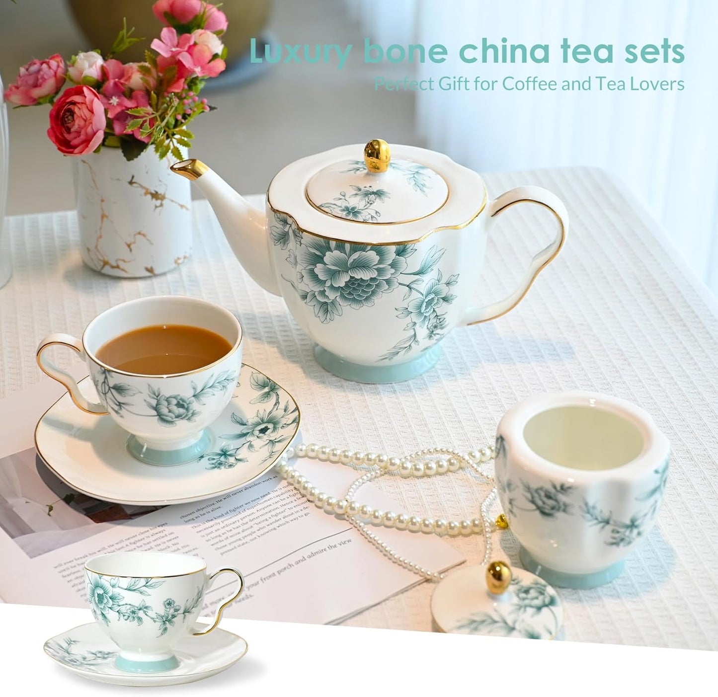 ACMLIFE Bone China Tea Cups and Saucers for 1, 6.8 oz Teacup Set for Adults, with Gold Trim and Gift Box, Blue and White Chinese English British Wedding Tea Set for One Coffee Cup Set (Blue-Leaf)