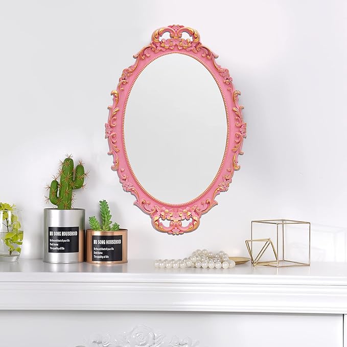 Tstarer 2PACK - Vintage Decorative Pink Framed Mirror, Wall Hanging Mirrors & - Image 3