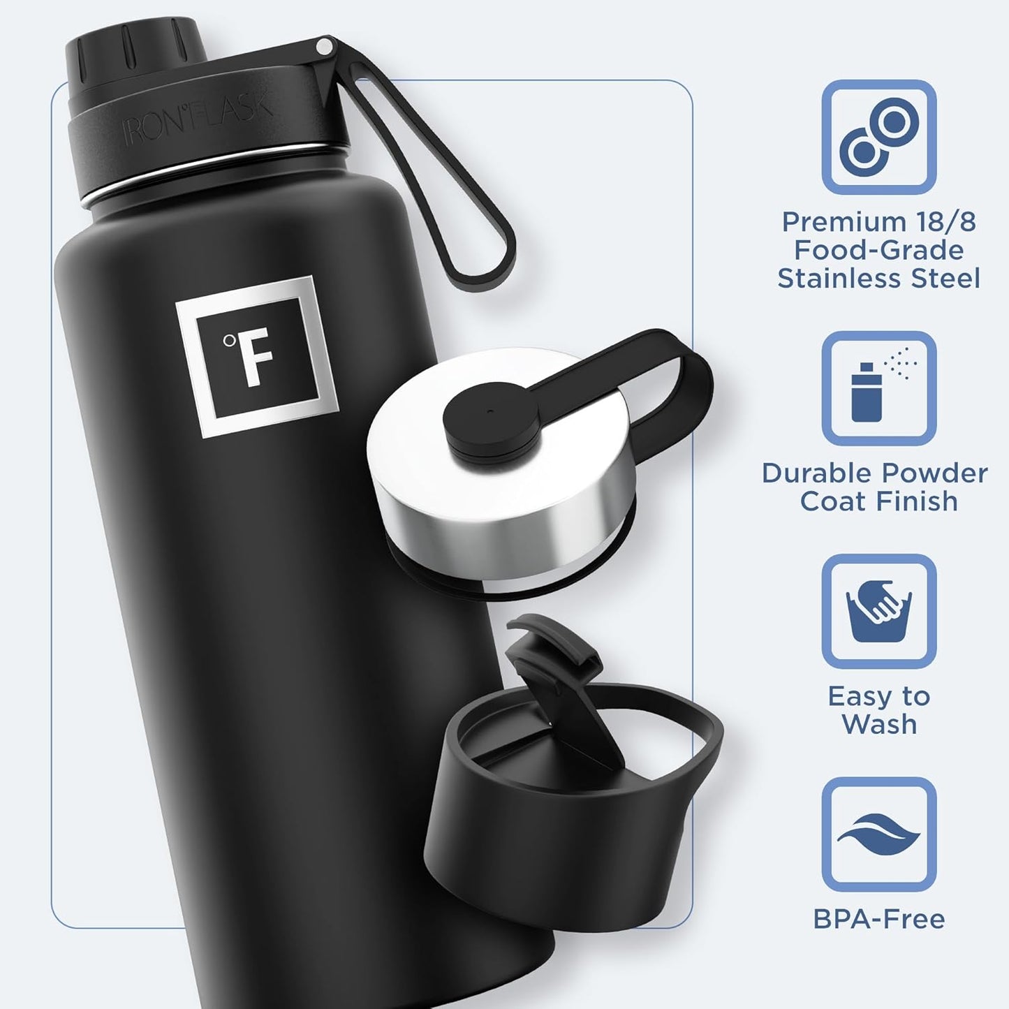 IRON °FLASK Camping & Hiking Hydration Flask with 3 Lids - Stainless Steel, Double Walled & Vacuum Insulated Water Bottle - Leak Proof & BPA Free (Midnight Black, Spout - 32 oz)