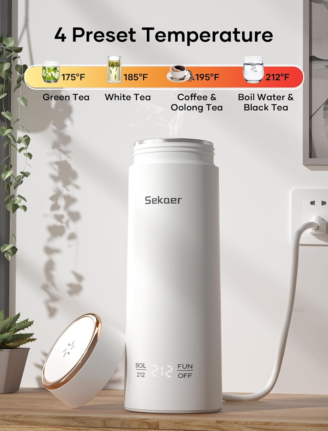 Sekaer Mini Travel Portable Electric Kettle, Small Tea Kettle Hot Water Boiler, 330mL & 304 Stainless Steel, with 4 Variable Presets and Auto Shut-Off, SEK-833