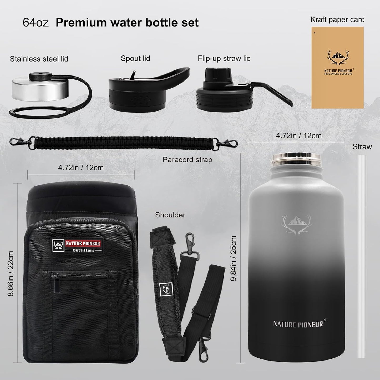 NATURE PIONEOR Insulated Water Bottles with Straw - 64oz Stainless Steel Vacuum Bottle with Holder/Carrier/Sleeve - Reusable 18/8 Food Grade Half Gallon Water Jug