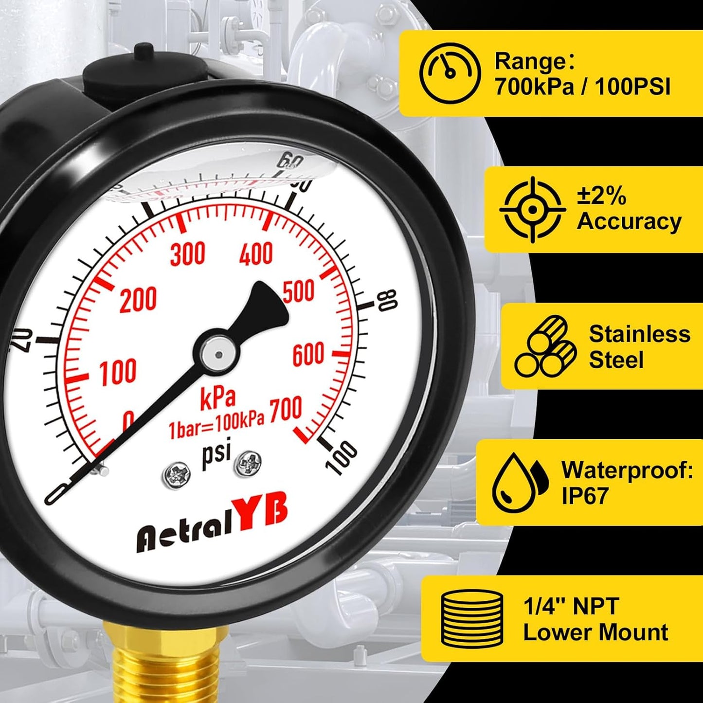 100 Psi Lead-Free 2.5 Inch Pressure Gauge Stainless Steel Case, Liquid Filled, 1.6% Accuracy,1/4" NPT Lower Mount, IP67 Waterproof for Portable Water,Pneumatic Air,RV Hose, Tank, Gas