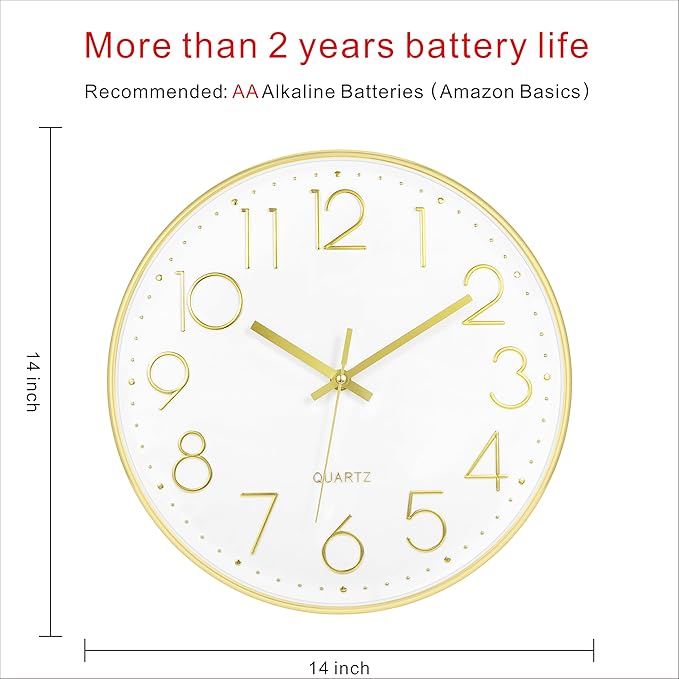 Foxtop 14 Inch Large Wall Clock Silent Non-Ticking Battery Operated Round - Image 2