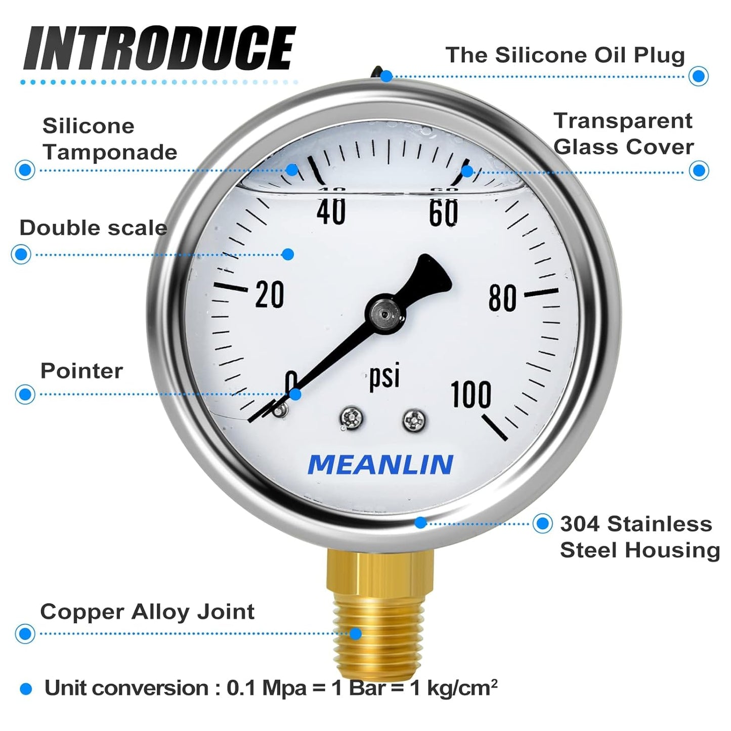 MEANLIN MEASURE 2pcs 0~100Psi Stainless Steel 1/4" NPT 2.5" Single Scale FACE DIAL,Glycerin Filled Pressure Gauge, Lower Mount with 1/4" x 1/2" NPT and 1/4" x 3/8" NPT Hex Bushing