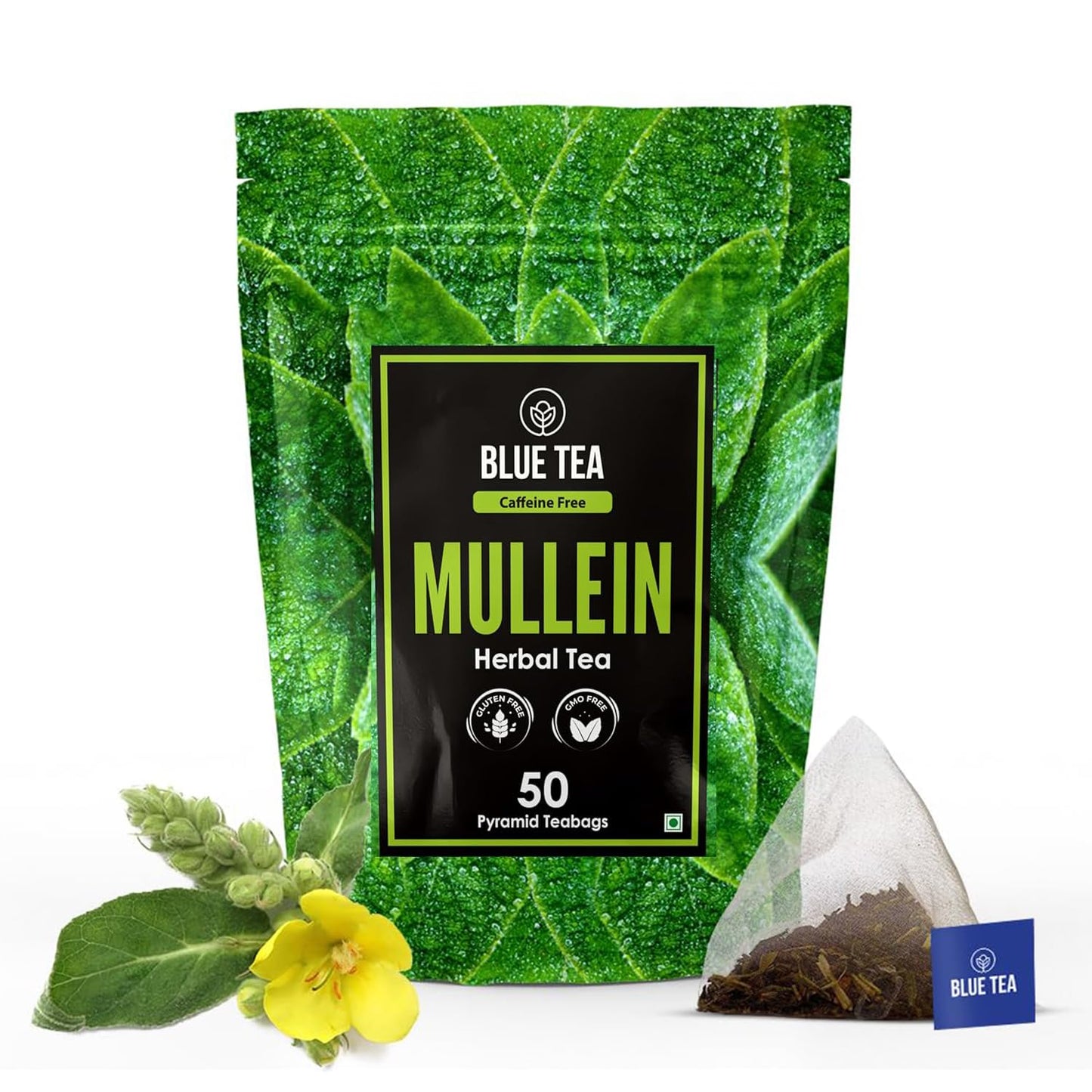 BLUE TEA - Mullein Tea - 50 Count - Pyramid Plant Based Tea Bag | Lungs Detox & for Respiratory Support | Herbal Tea - Caffeine Free - Leaf Based - Non-Bitter | Ziplock Pack