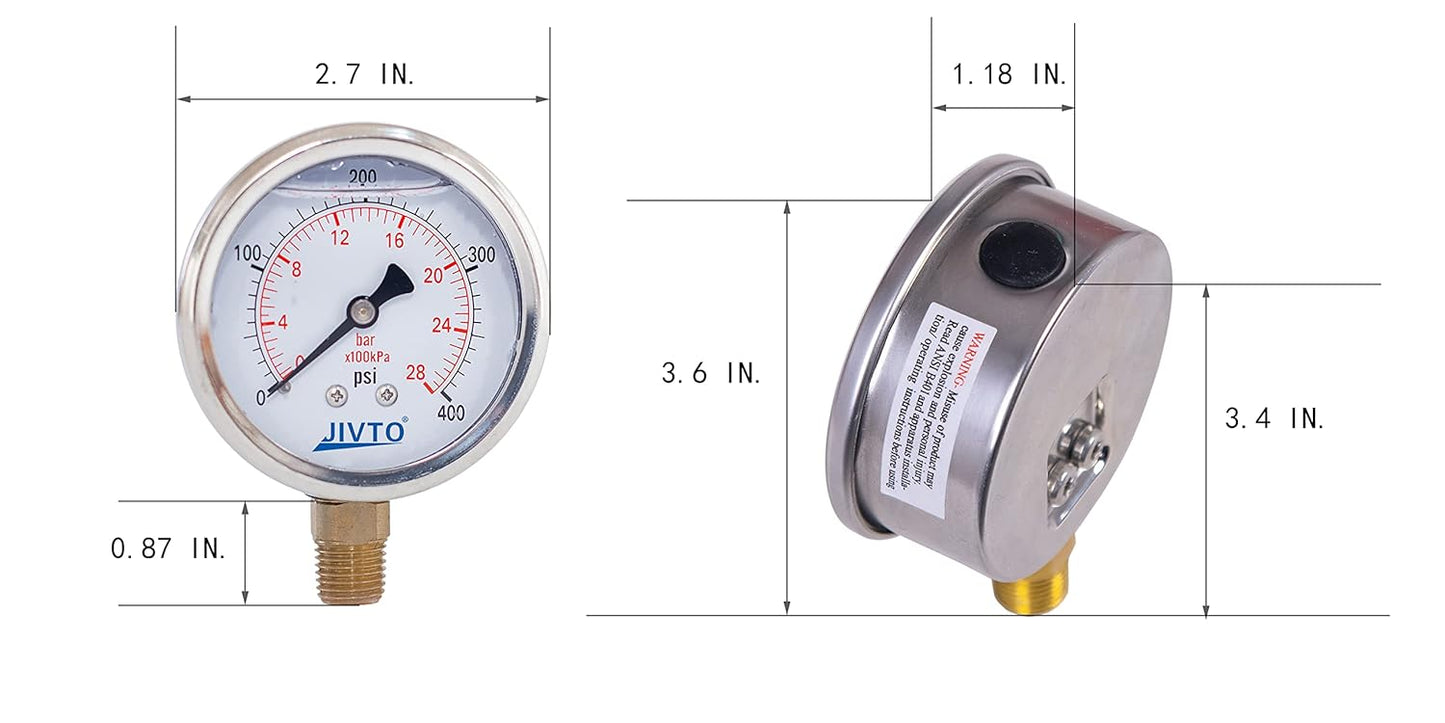 Pressure Gauge,Glycerin Liquid Filled,2.5" Dual Scale Dia,0-400 psi/bar/kpa,1/4" NPT Male Brass Connection,Lower Mount, Stainless Steel Case,for Pneumatic,Pump,Hose,Well Tank,Gas Air Water Oil