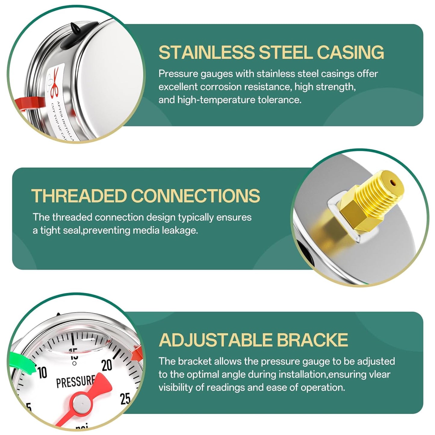 0-30psi Stainless Steel Glycerin Liquid Filled Pressure Gauge 1/8" NPT 1.5" Face Dial, Center Back Mount, for Water, Oil and Air Pressure Testing (with Range Mark Pointer)
