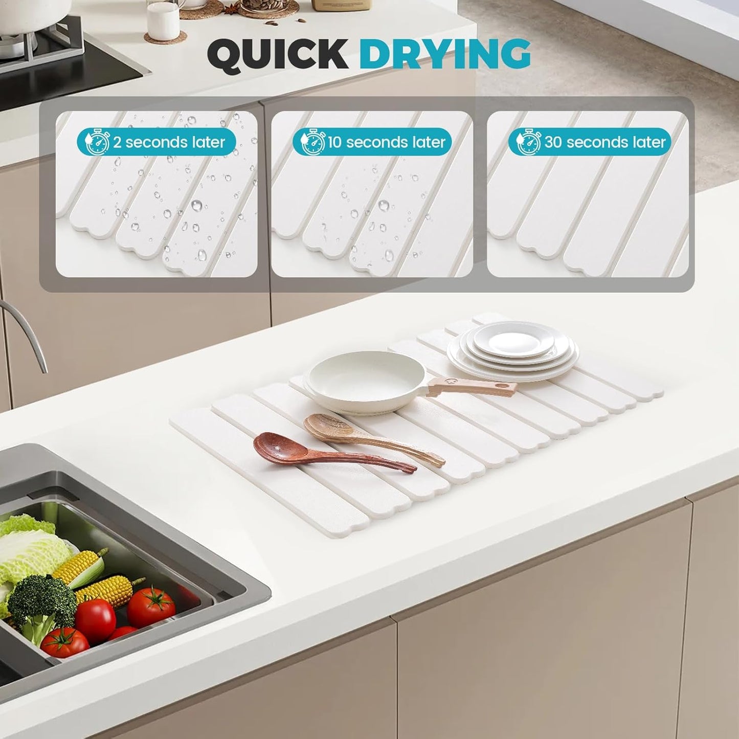 Extral Large Quick Dry Stone Drying Mat for Kitchen Counter,24x16 Inch Collapsible Eco-Friendly Absorbent Diatomaceous Earth Mat for Dishes Cups,Dish Drying Mats (White-Love Shape, 24x16 inch)