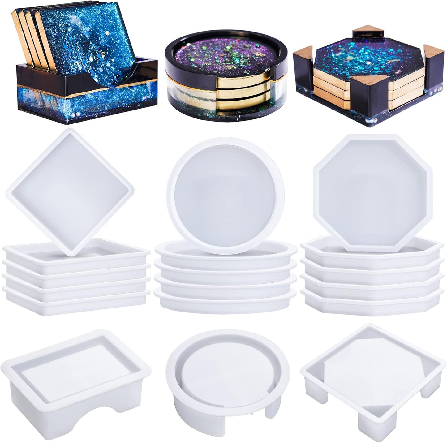 LET'S RESIN 18 Pcs Coaster Resin Molds Silicone, Coaster Molds with Round Square Octagon Shape Holder Molds for Epoxy Resin, DIY Art Craft Cup Mats