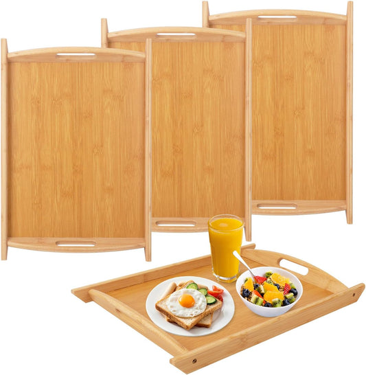 4 Pack 17.3 Inch Large Bamboo Serving Tray with Handle, Decorative Bamboo Breakfast Tray for Breakfast, Kitchen, Outdoor Picnic, Snack (17.3 x 12 x 1.2 Inch)