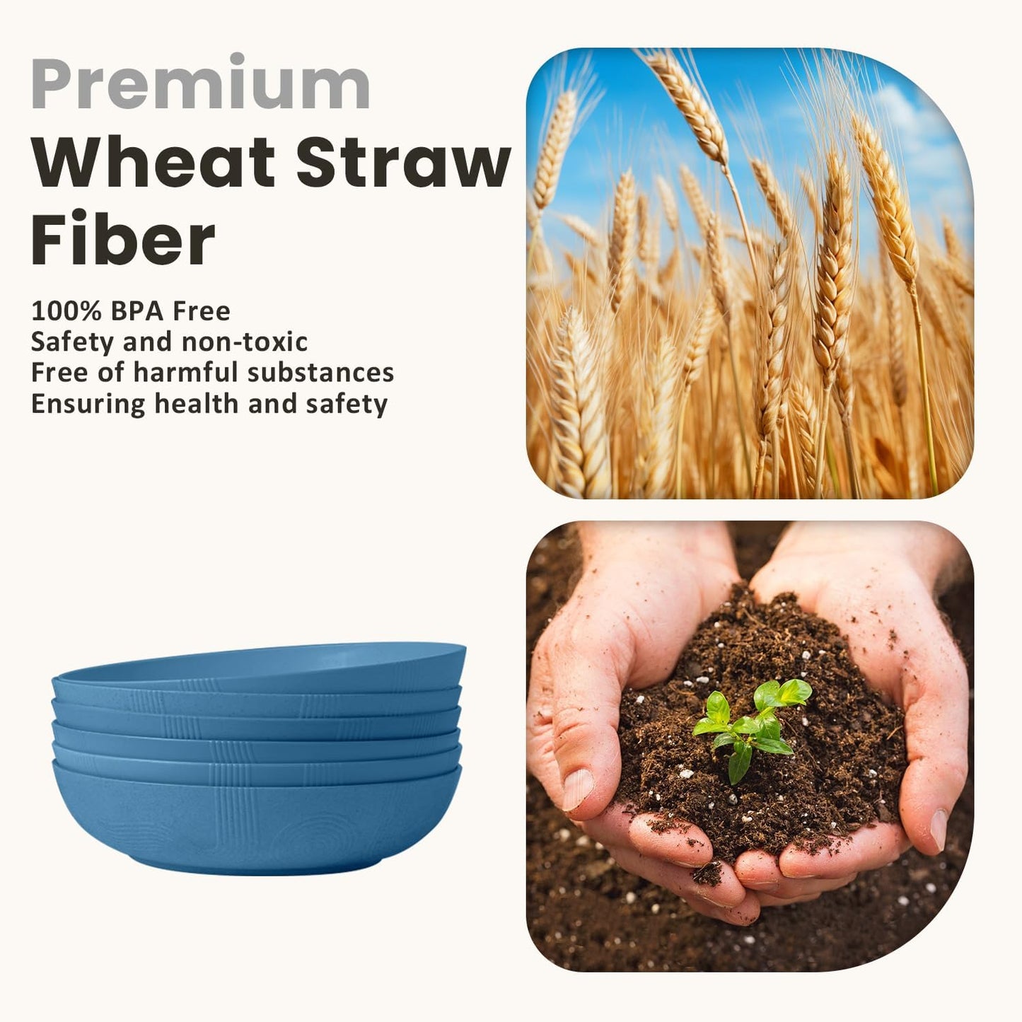 Homienly Large Wheat Straw Salad Bowls - Set of 6, 65 OZ, 10 Inch, Microwave & Dishwasher Safe - Navy Blue