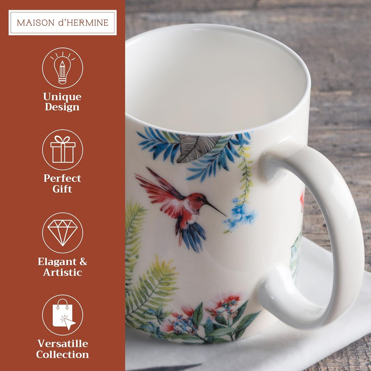 Maison d' Hermine Coffee Mug with Handles Fine Bone China Mugs Pack of One Tea Cups for Hot Beverages Cappuccino Latte Home Restaurant Office Perfect for Gift (Tropiques - Colibris, 12 Ounce)