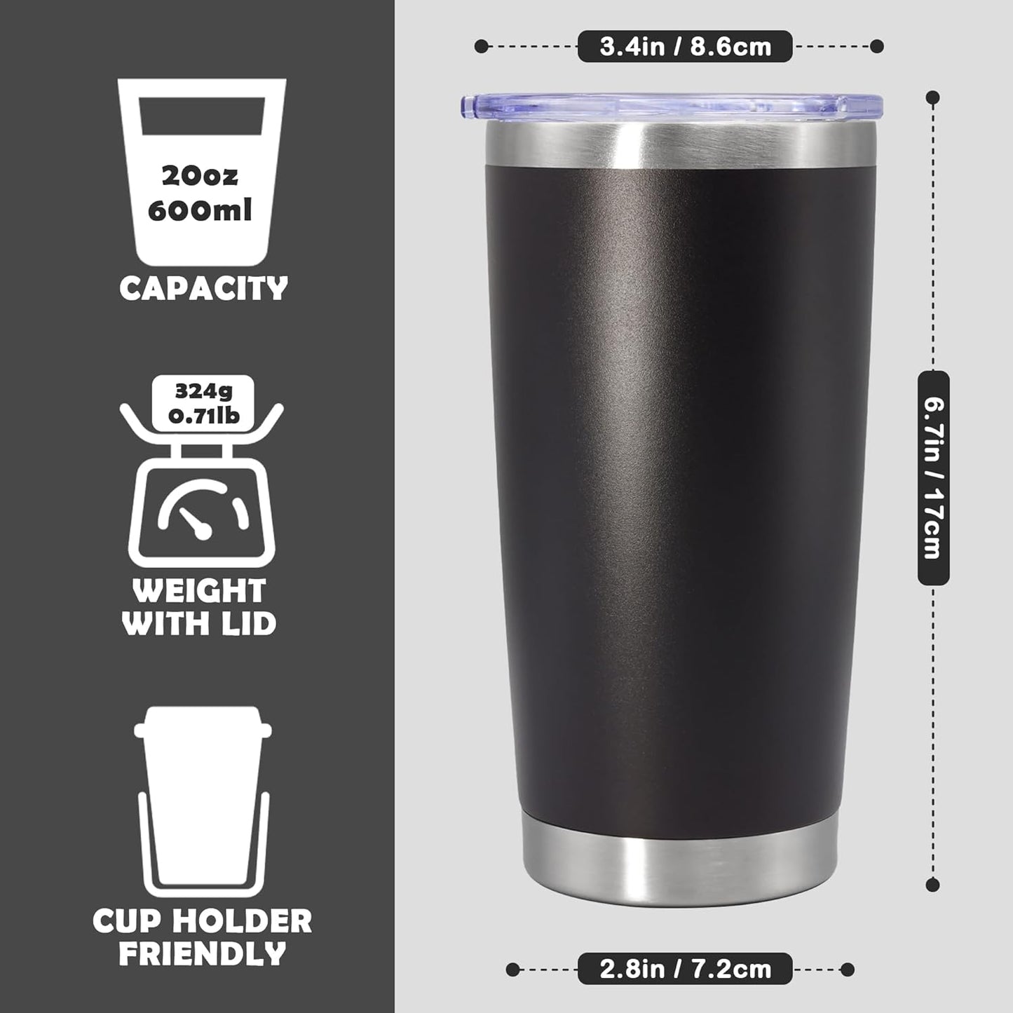 20oz Tumbler Stainless Steel Tumbler Cup with Lid Vacuum Insulated Double Wall Travel Mug, Durable Powder Coated Travel Coffee Tumbler Mug for Hot & Cold Drinks, Black,4 Pack