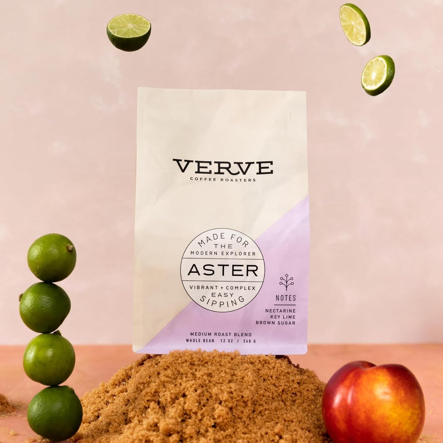 Verve Whole Bean Coffee | Aster Blend | Medium Roast Coffee Beans, Brewed or Espresso | Ethiopian Blend, Resealable Pouch | Hot or Cold Brew | Nectarine, Key Lime & Brown Sugar Notes | 12oz Bag