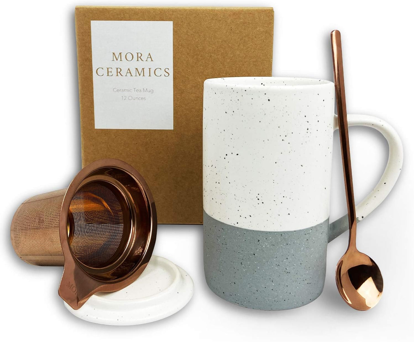 Mora Ceramics Tea Cup with Loose Leaf Infuser, Spoon and Lid, 12 oz, Microwave and Dishwasher Safe Coffee Mug - Rustic Matte Ceramic Glaze, Modern Herbal Tea Strainer - Great Gift for Women, Flint