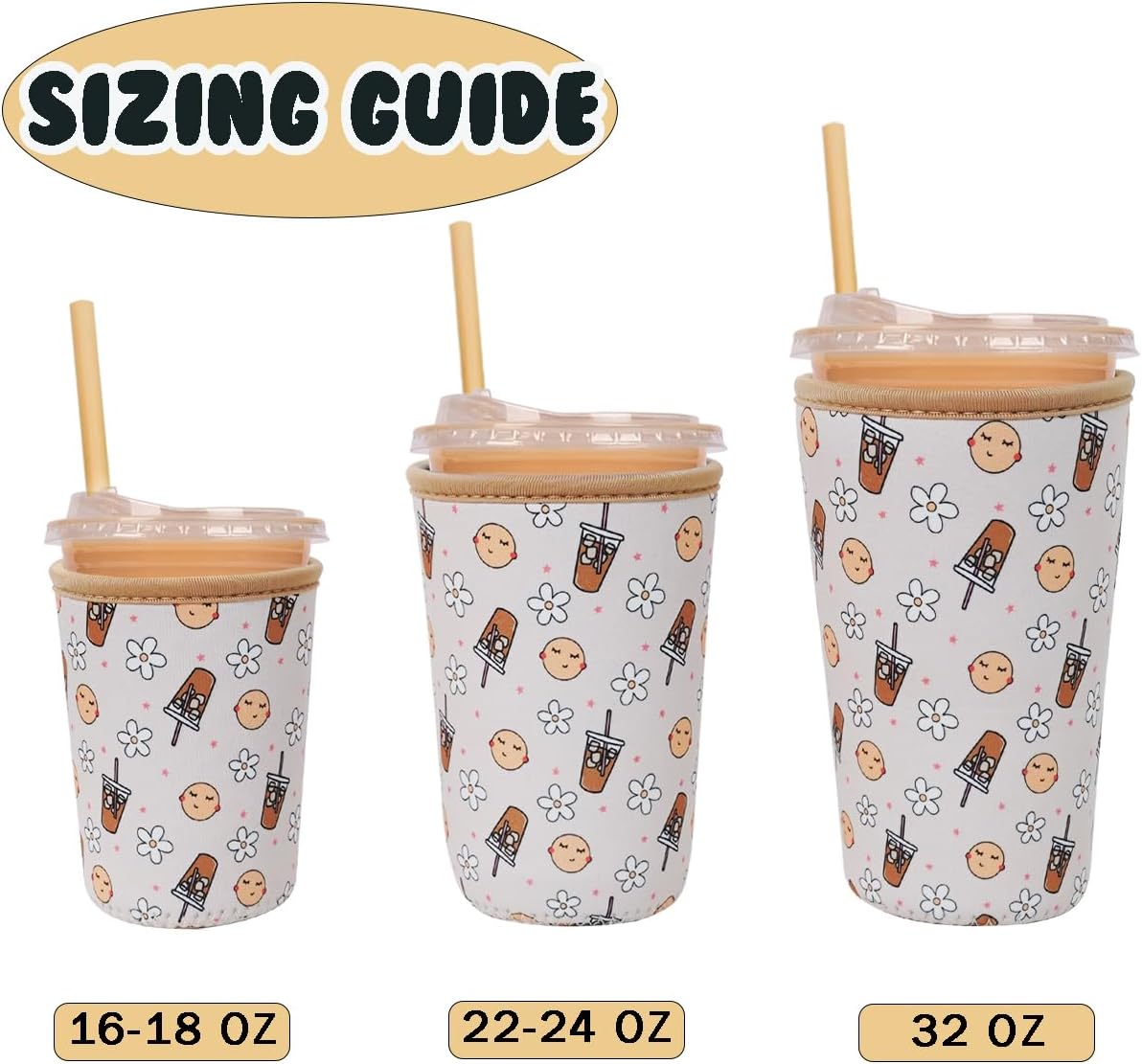 Reusable Insulated Neoprene Iced Coffee Cup Sleeve, Durable Drink Sleeve for Cold Beverages, Beverage Holder for Iced Coffee, Beige Coffee