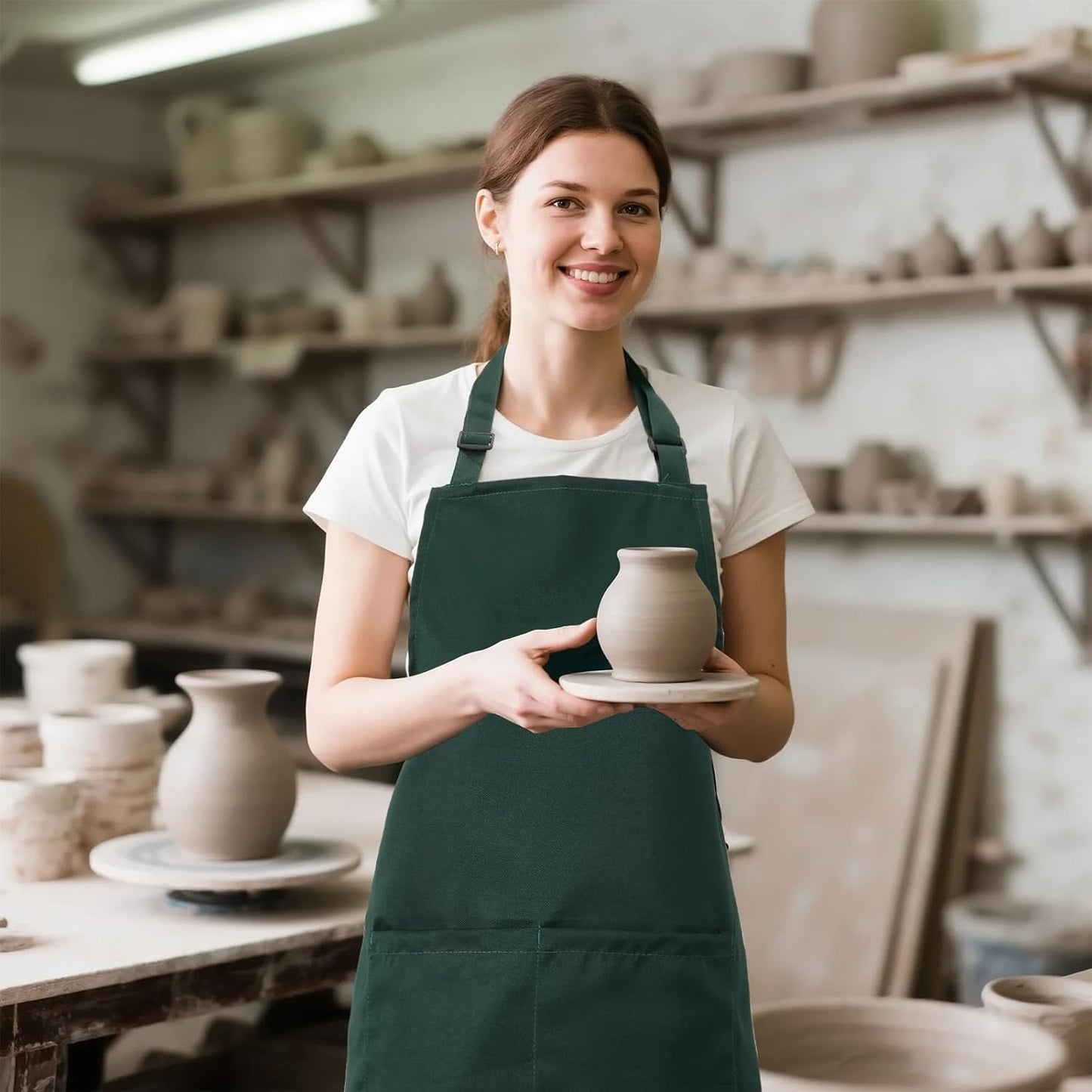 Kitchen Bib Apron for Women Men with Pockets Chef Art Aprons for Cooking Painting Pottery Ceramics