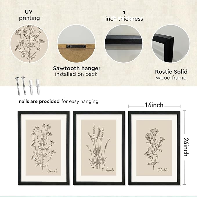 YWJKWLGS Vintage Botanical Wall Art 16x24 Inch Set Of 3 Wooded Framed - Image 2