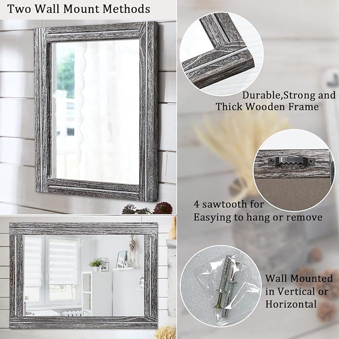 AAZZKANG Rustic Mirror Large 26"x18" Wood Framed Wall Mirrors Rectangle - Image 3