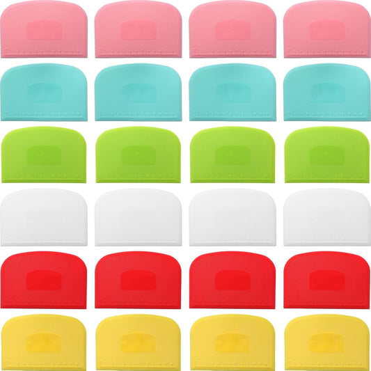 Uiifan 24 Pcs Plastic Bench Scraper with Scale Flexible Dough Multipurpose Cake Cutter Pizza Dough Spatula Food Scraper Tool Gift for Bread Pastry Fondant Icing, 6 Colors