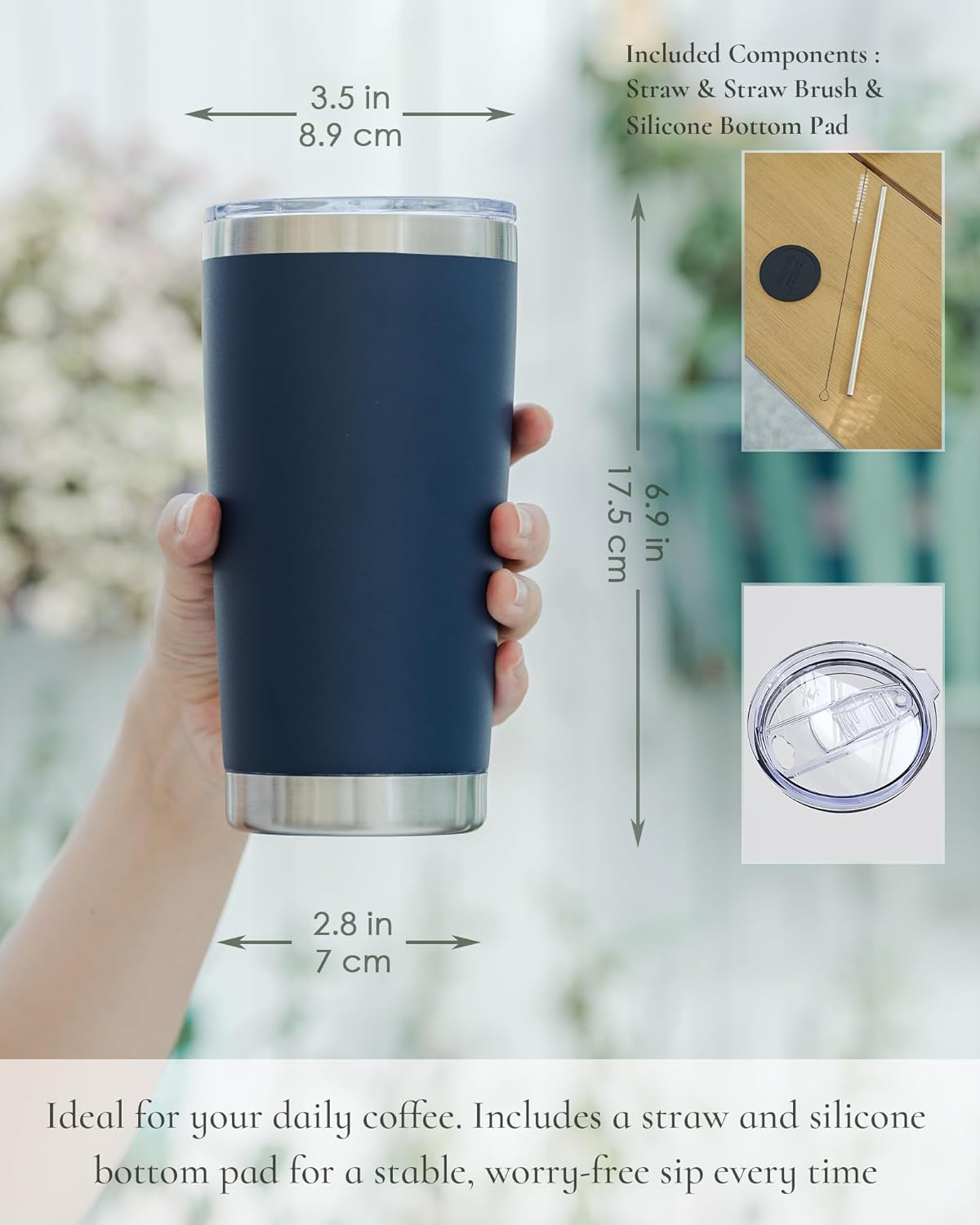 Travel Coffee Tumbler 20oz, 4 Pack Leakproof Travel Coffee Mug with Lid and Straw, Stainless Steel Double Wall Vacuum Insulated Tumbler for Hot/Iced Drinks (Textured Matte, Navy Blue)