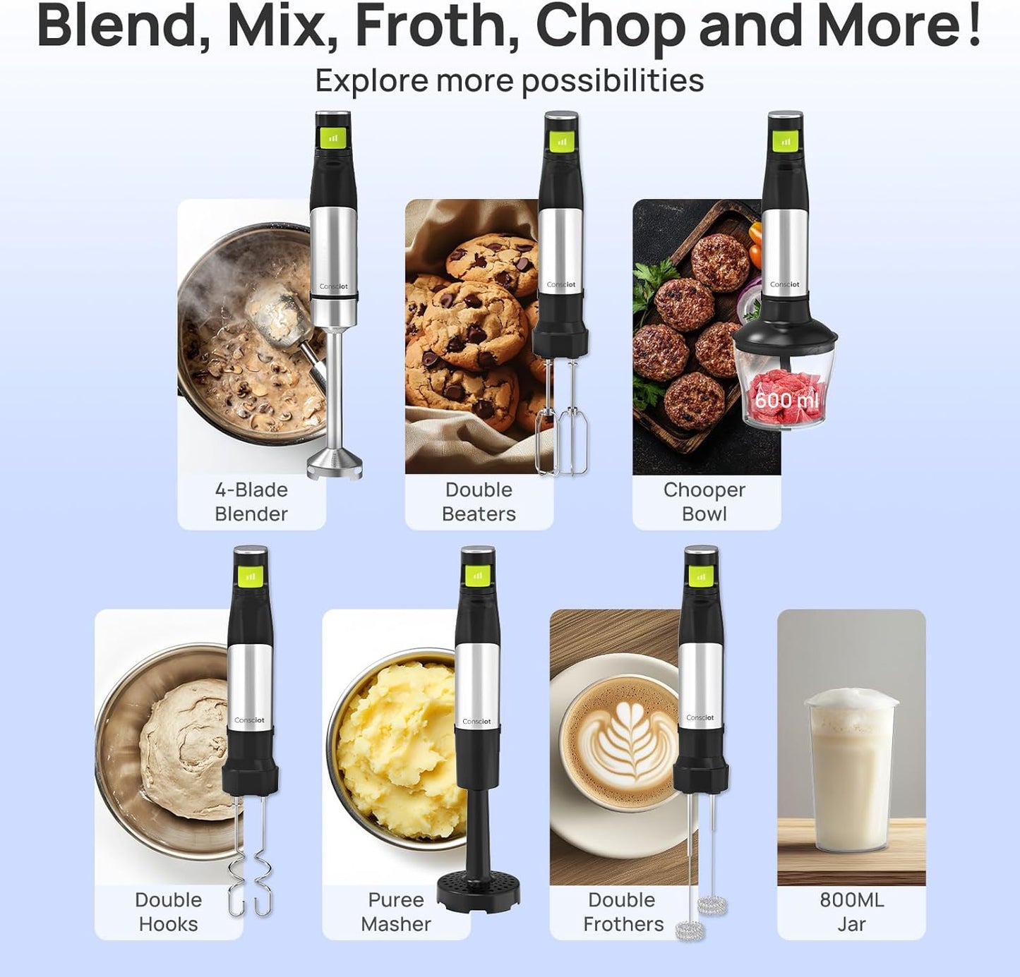 Consciot 7-in-1 Immersion Blender Handheld Max 1100W, Stick Emulsifier with Entire Stainless Steel Blender Shaft, Trigger Speed Control, 800ml Beaker, 600ml Chopper, Beaters, Frothers, Hooks & Masher