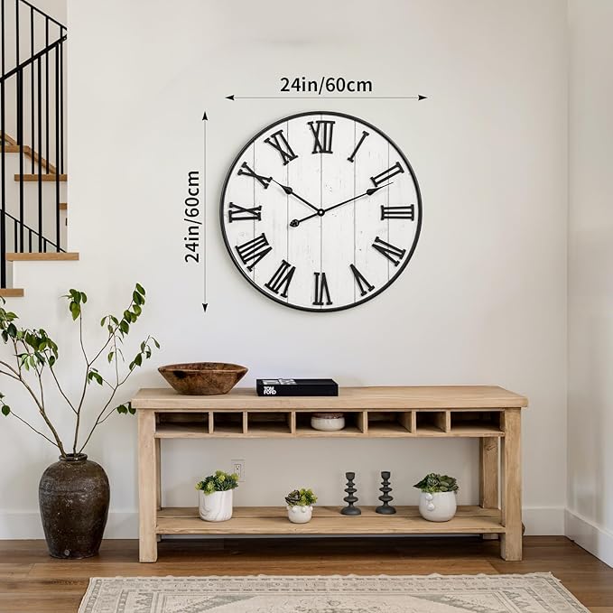 Large Rustic Wooden Wall Clock, 24 Inch Whitewashed Farmhouse Wall Clock - Image 7