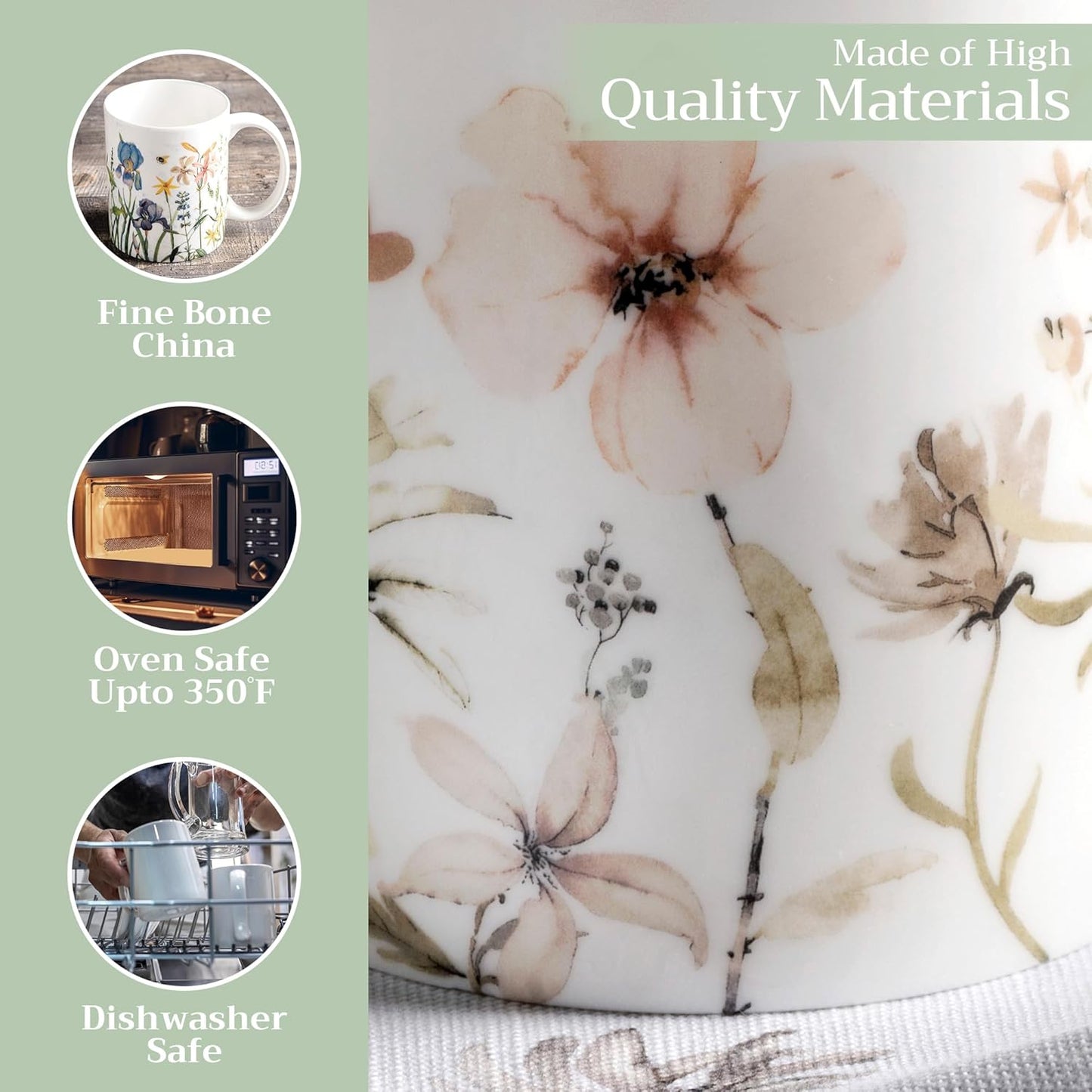 Maison d' Hermine Coffee Mug with Handles Fine Bone China Mugs Pack of Two Tea Cups for Hot Beverages Cappuccino Latte Home Restaurant Office Perfect for Gift (Ice Florals, 15 Ounce)