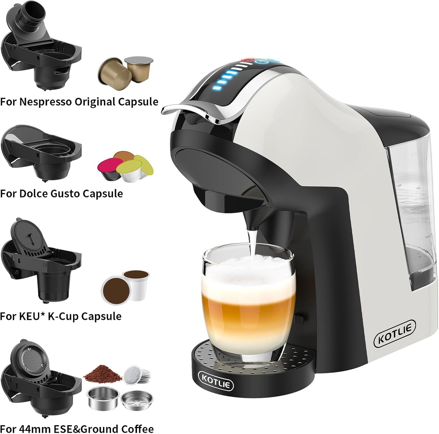 KOTLIE 5in1 19Bar Multicapsule Espresso Coffee Machine, Cold&Hot Brewing Single-Serve Coffee Maker, Cappuccino&Latte Maker for Kcup/Dolce Gusto/Nespresso Original/GroundCoffee/44mm ESE EM-308A (White)