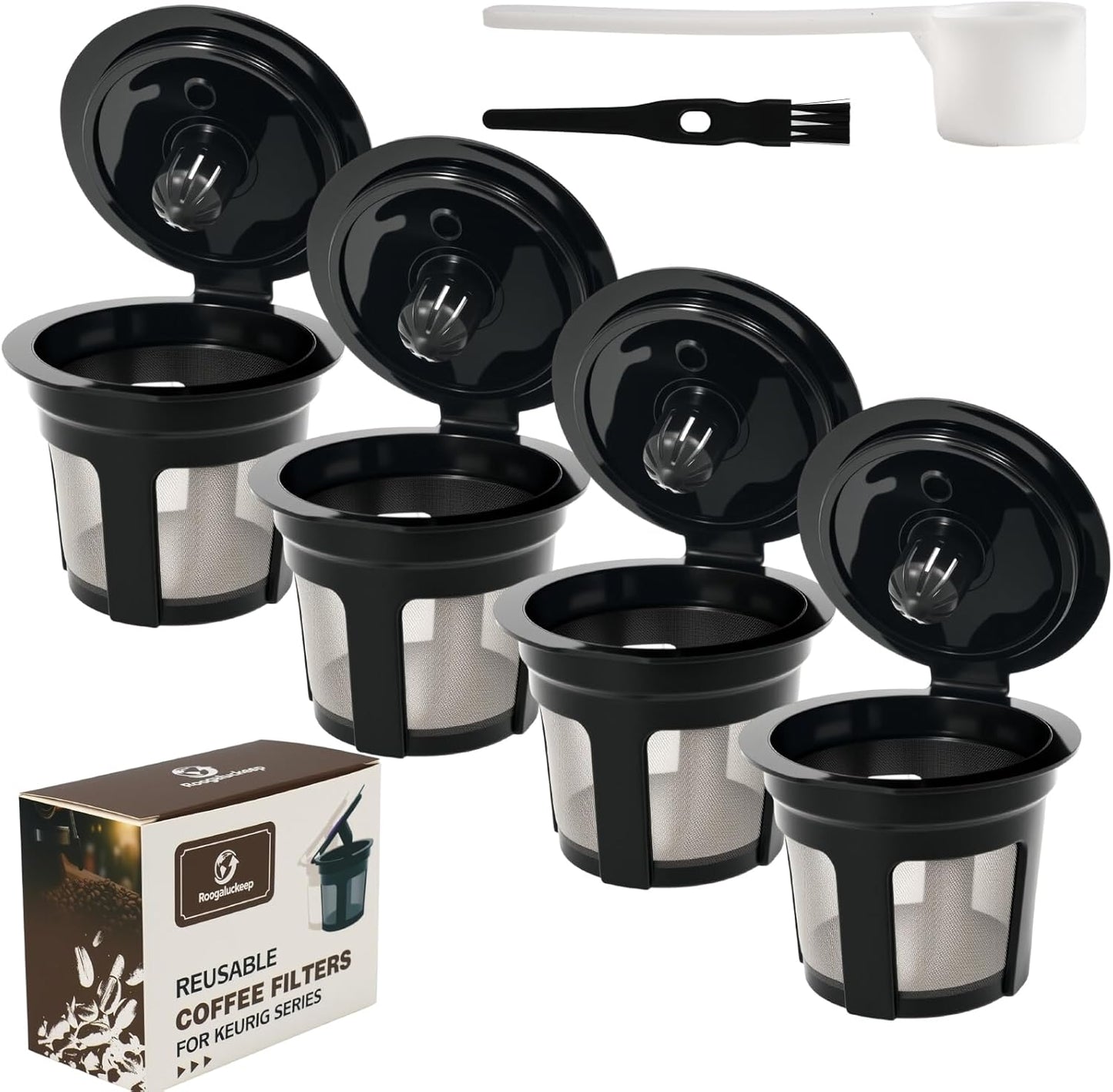 4-Pack Roogaluckeep Reusable K Cup for Keurig, Black BPA Free Refillable K-Cup Pod Coffee Filters, Universal Fit Refillable Coffee Filters for 1.0 and 2.0 Keurig Coffee Makers