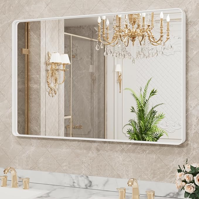 LOAAO 48x32 Inch White Metal Framed Bathroom Mirror - Image 4