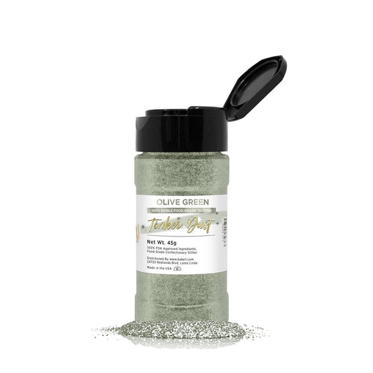 Olive Green BAKELL Edible Glitter, 45 Grams | TINKER DUST Edible Glitter | KOSHER Certified | 100% Edible Glitter | Cakes, Cupcakes, Cake Pops, Drinks, Dessert Vegan Glitter & Dusts (45g Shaker, Olive Green)