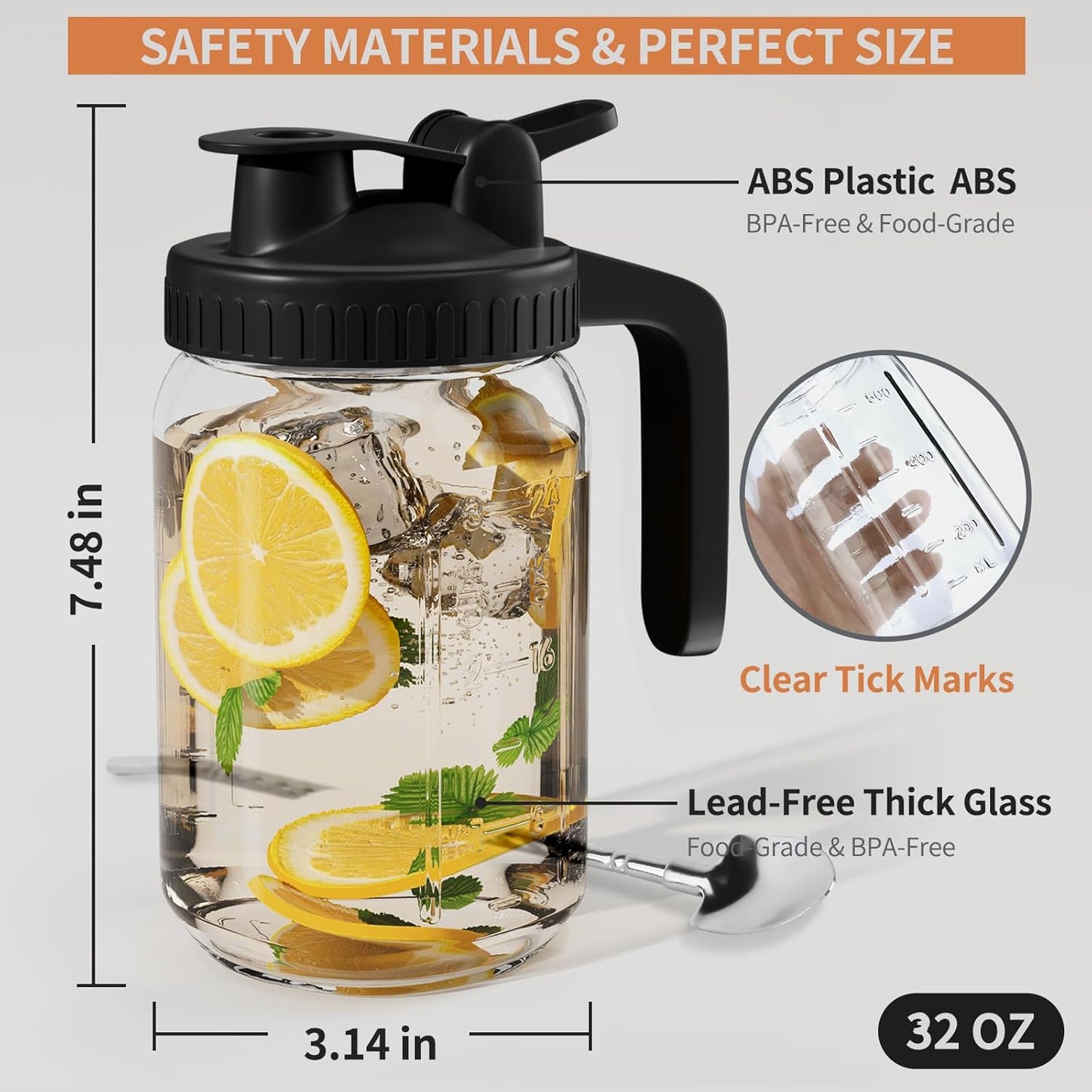 Glass Mason Jar Pitcher - 32oz with Pour Spout Lid, Airtight Seal - Ideal for Cold Brew Coffee, Juice, Lemonade, and More - Premium Glass Jug for Beverages and Sun Tea-Dark Cover