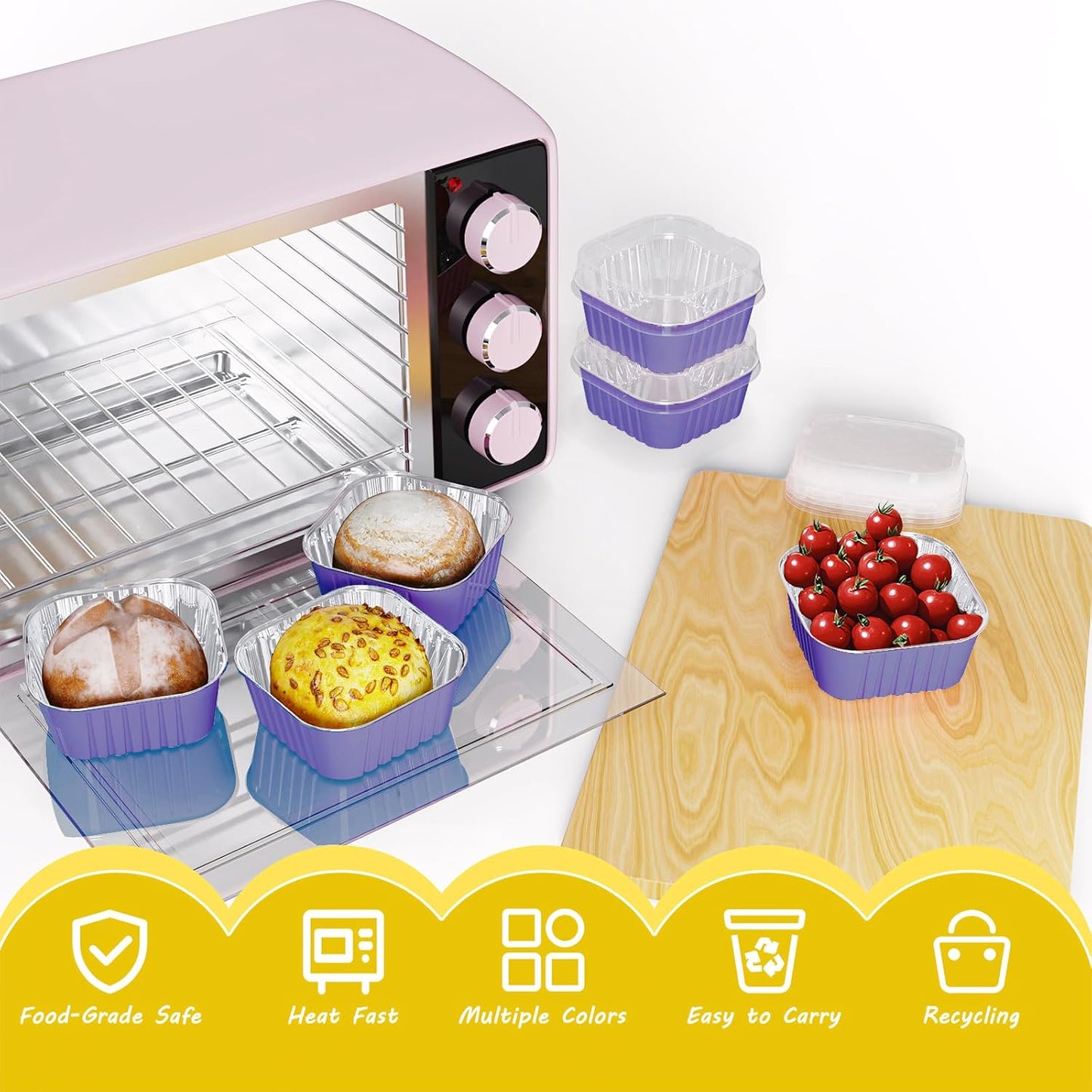 25 Pack Square Mini Cake Pans with Lids,Mini Loaf Pans with Lids,Aluminum Foil Baking Cups,Disposable Ramekins Cupcake Cups,Dessert Cups for Wedding Birthday Party Picnics,5oz (Purple)