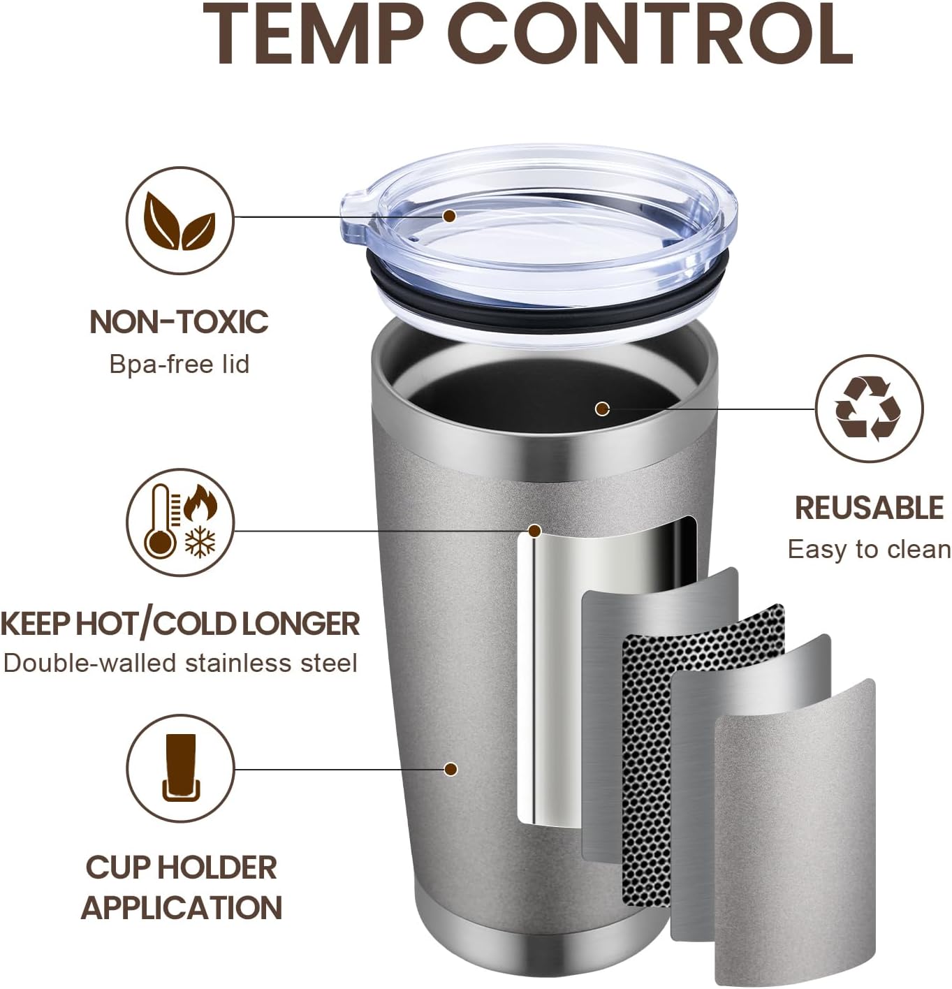 MEWAY 20oz Tumbler Cup Double Wall Vacuum Insulated Travel Mug Bulk, Stainless Steel Tumblers with Lid and Straw, Durable Powder Coated Coffee Cups for Cold & Hot Drinks (Cold Grey, 1)