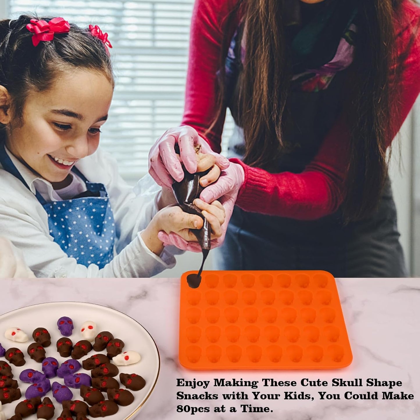 Sakolla 2 Pack Gummy Skull Candy Silicone Molds 40 Cavity Silicone Skull Molds with 2 Droppers for Halloween Chocolate, Candy,Jelly, Wax Melt, Dog Treats, Ice Cube