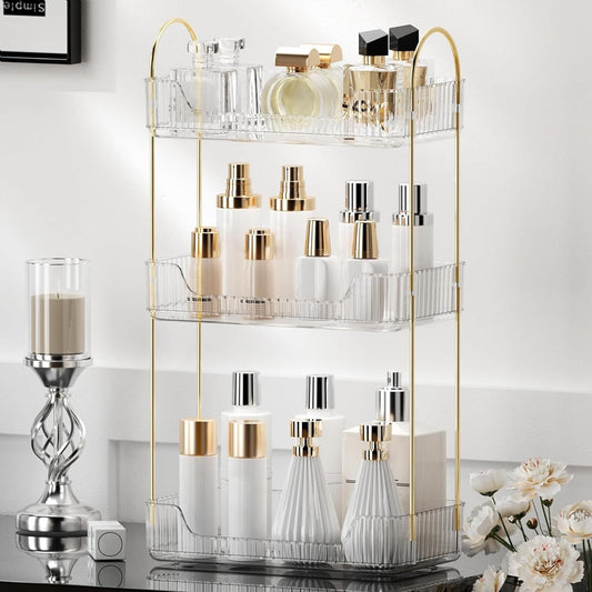 YCIA&DONE Bathroom Organizer Countertop, Makeup Storage, Skincare Cosmetic Tray Shelf, Perfume Holder Rack for Vanity Counter, Large Capacity, Easy to Install, Clean, 3 Tiers, Clear White