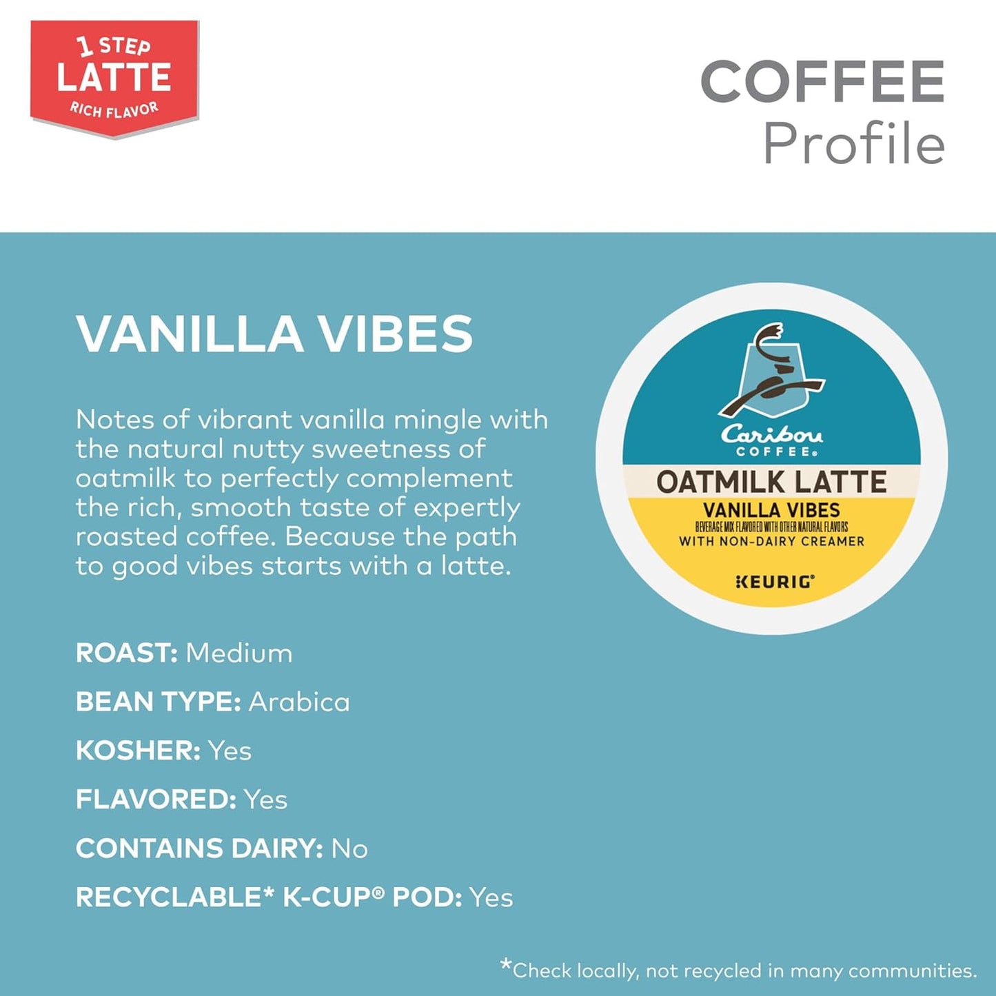 Caribou Coffee Vanilla Vibes Oatmilk Latte, One Step Latte Single Serve Keurig K-Cup Pods, 60 Count (6 Packs of 10)