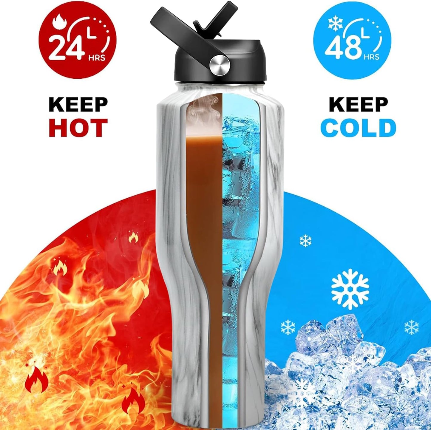 HYDROWION Water Bottle Stainless Steel,Vacuum Insulated Leak Proof Tumbler 32oz with Straw Lid, Spout Lid and Flex Cap(Cold for 48 Hrs, Hot for 24 Hrs), Fit in Any Car Cup Holder, Marbling