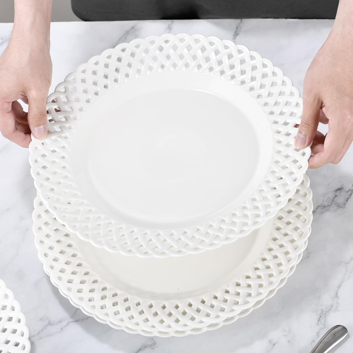 Large White Dinner Plates 12 inch, Ceramic Dinner Plates Set of 4, Basketweave Wide Rim Stackable Hotel Value Round Coupe Shape for Restaurant, Kitchen, Party, Home, Gifts, Microwave Dishwasher Safe
