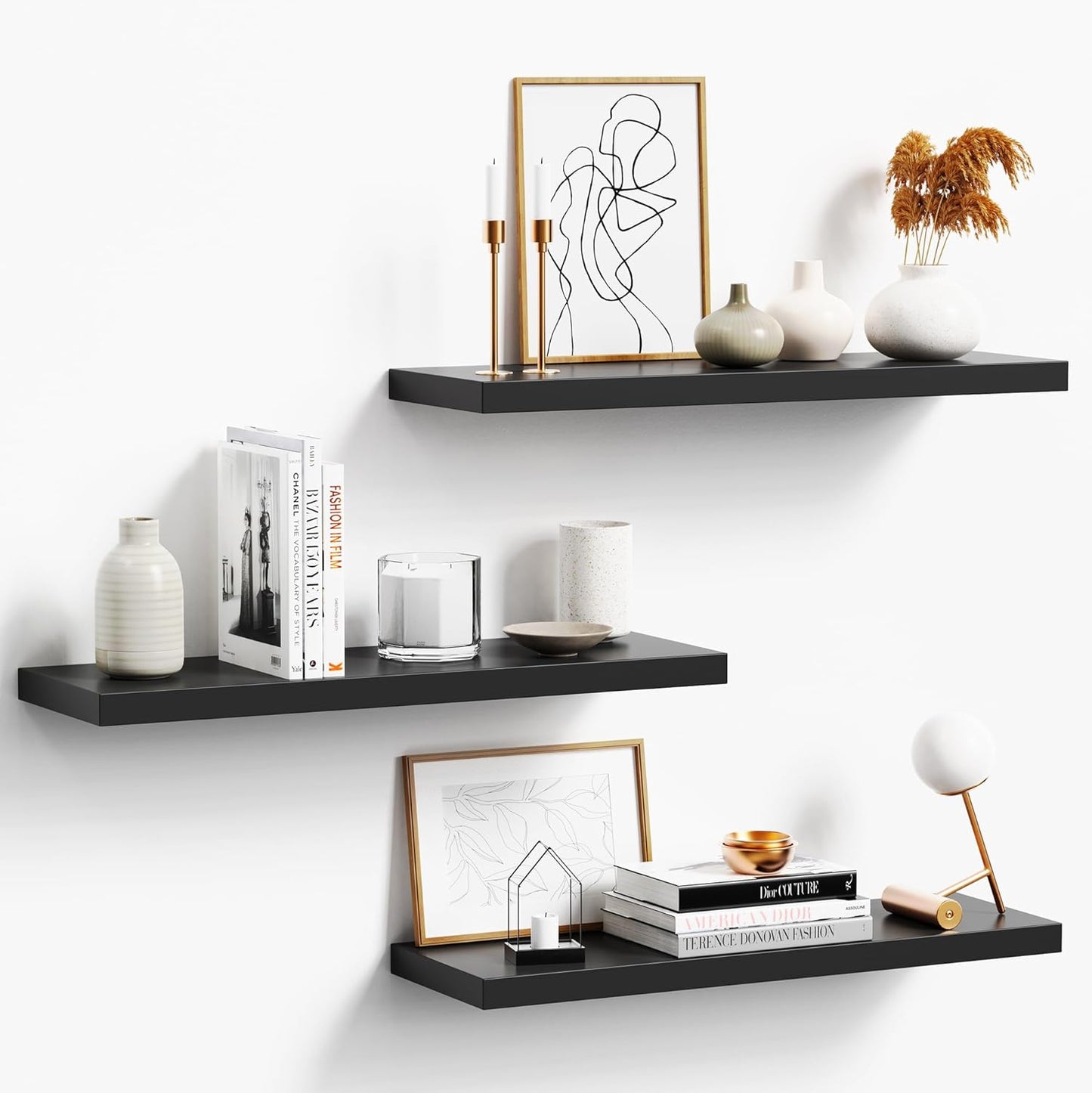 Floating Shelves - Black Wood Wall Shelf Set of 3, 24" Wall Mounted, Kitchen, Living Room, Bedroom, Bathroom Storage, Book Shelf, Frame Display