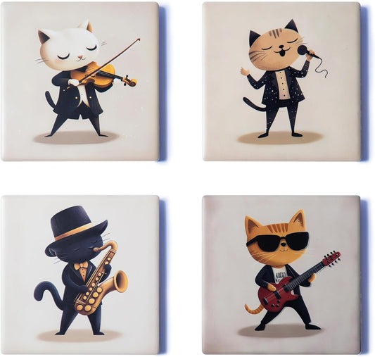 Ceramic Coasters Set of 4 – Square Drink Coasters with Cork Backing, 3.9x3.9 Inches – Decorative Printed Designs for Home, Office, or Gift Use (Musical Cats)