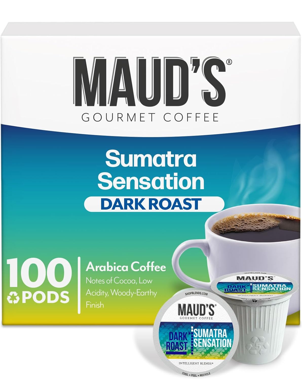 Maud's Sumatra Coffee Pods, 100 ct, Dark Roast Coffee in Recyclable Single Serve Pods – 100% Arabica Coffee, Compatible with Keurig K Cups Maker