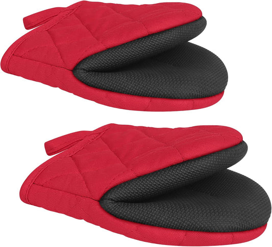 1 Pair Short Oven Mitts, Heat Resistant Silicone Kitchen Mini Oven Mitts for 500 Degrees, Non-Slip Grip Surfaces and Hanging Loop Gloves, Baking Grilling Barbecue Microwave Machine Washable