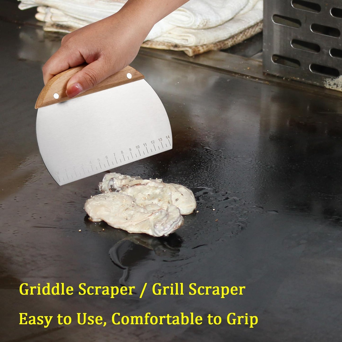 Kichwit 2 Pack 304 Stainless Steel Grill Scrapers with Wood Handle, Dough Scraper, Cake & Pizza Cutter, Multi-Purpose Scraper Tool for Kitchen