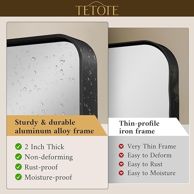 TETOTE 48 x 36 Inch Mirrors for Bathroom, Matte Black Framed Rectangular Large - Image 2