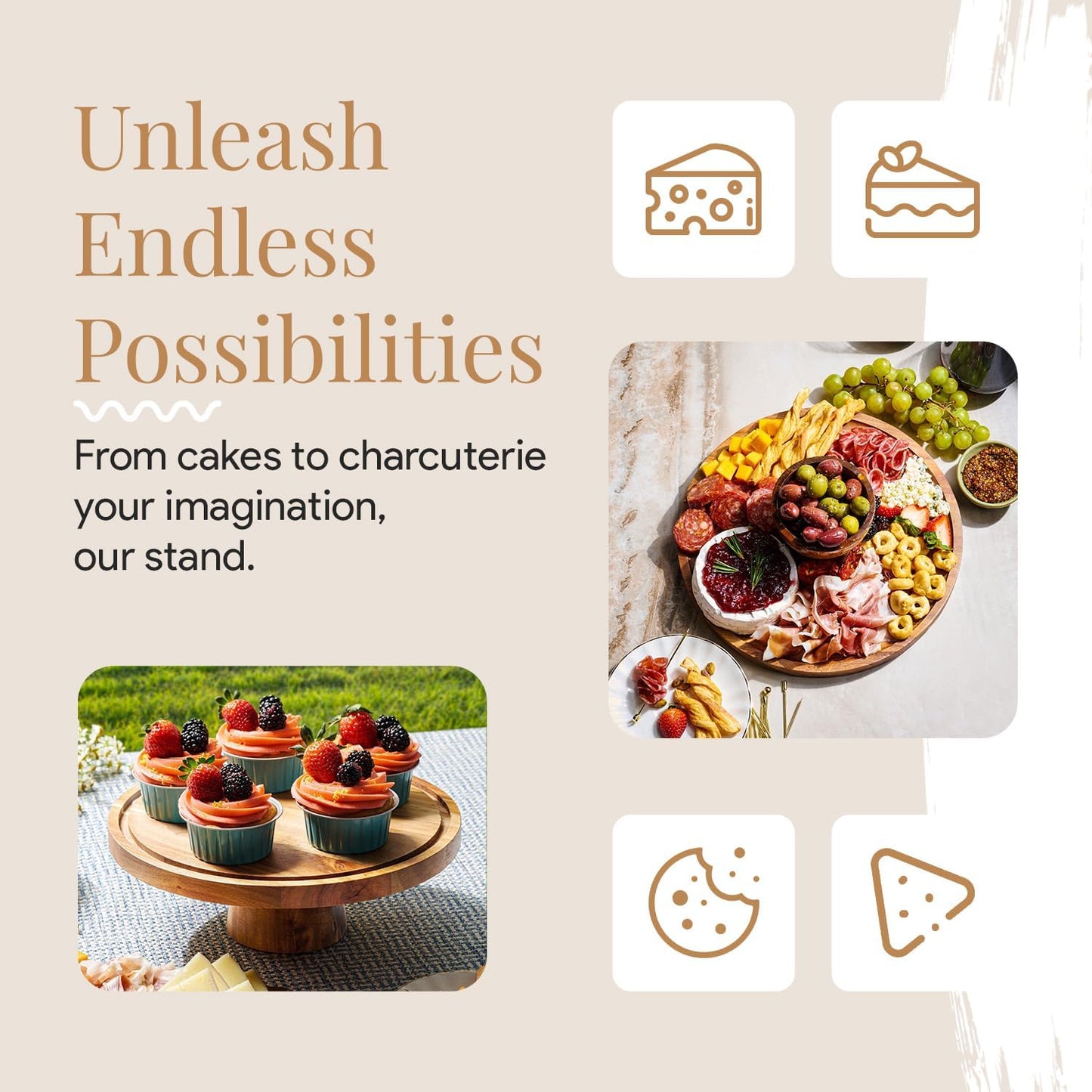 Acacia Wood Cake Stand with Lid - Multifunctional 12 In Round Cake Holder, Dessert Table Display Set & Charcuterie Board for Cheese, Chips, Fruit Platter, Acrylic Cake Dome Cover, No Glass