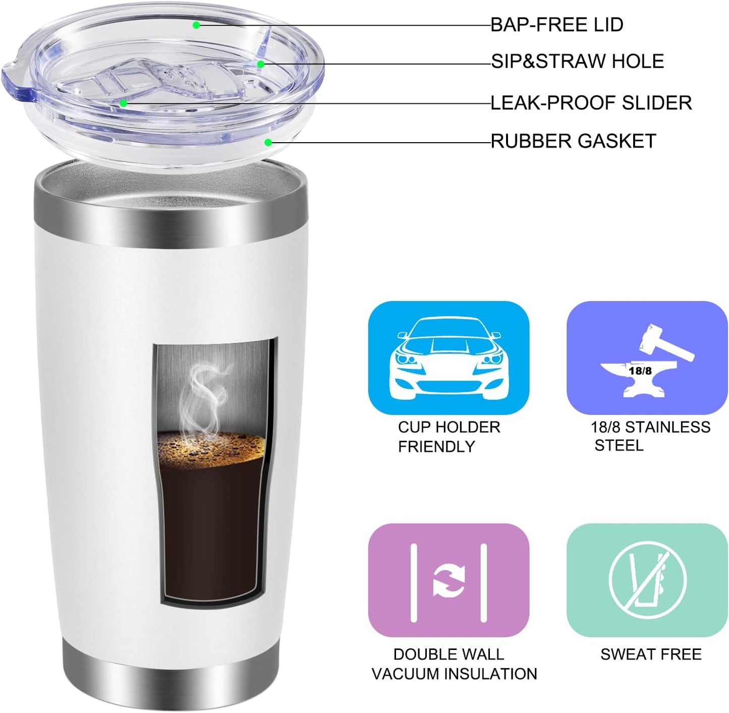 VEGOND 20oz Tumbler with Lid and Straw Stainless Steel Tumbler Cup Vacuum Insulated Double Wall Travel Coffee Mug Powder Coated Coffee Cup(White 1 Pack)