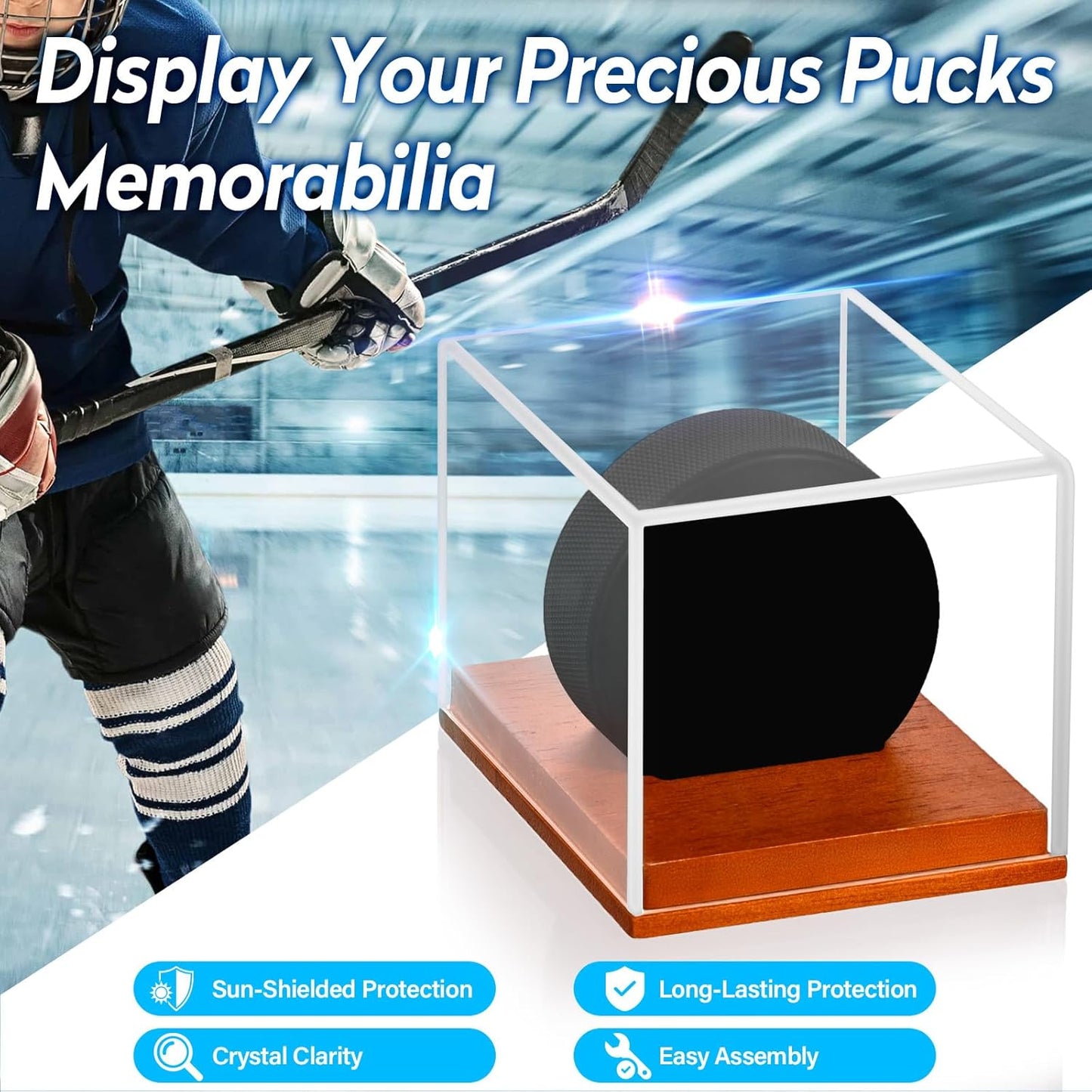 Hockey Puck Display Case, Pucks Display Cases with Wooden Base, Acrylic Clear Box - Hockey Memorabilia Storage Holder, for Enthusiasts & Collectors & Fans (2 Pack, Square)