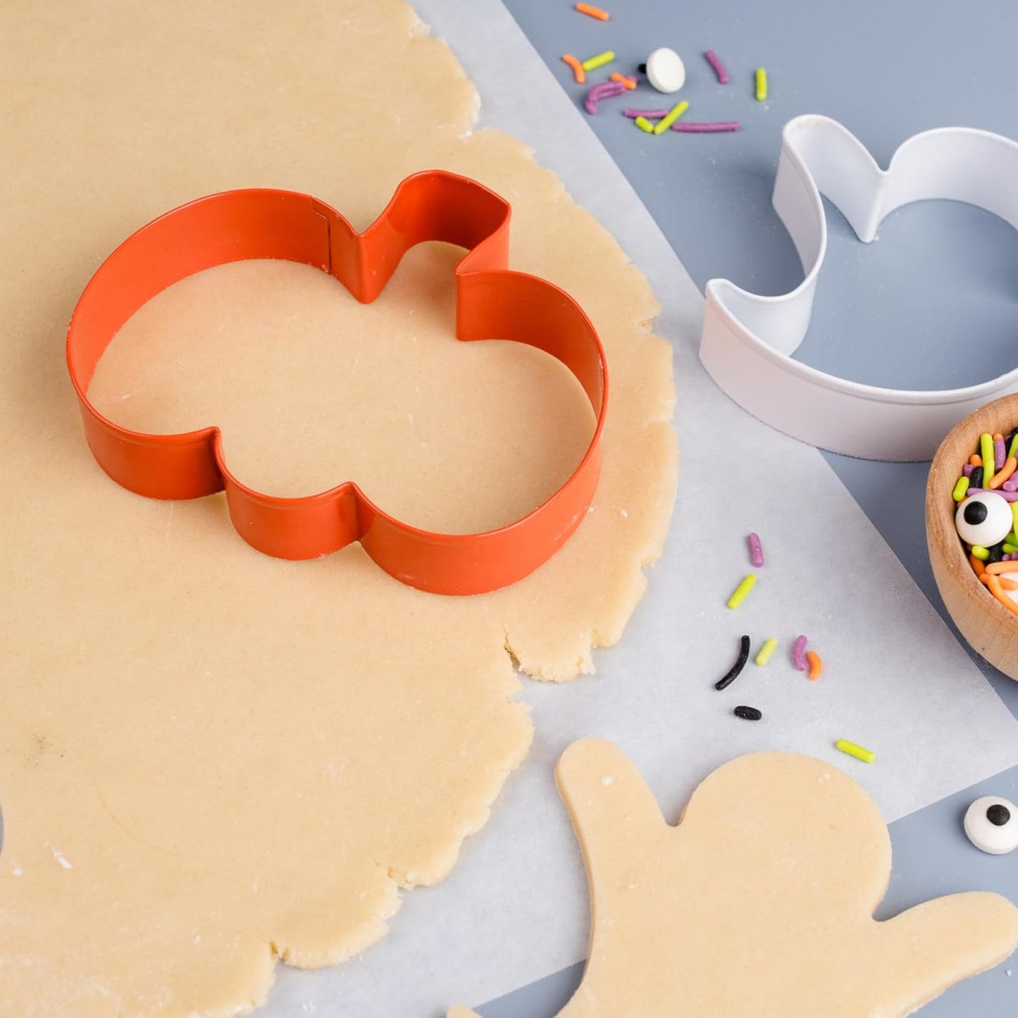 Sweets Indeed Halloween Cookie Cutters with Sprinkle Mix & Candy Eyeballs – 2 oz Sprinkles + 3 Food-Safe Cookie Cutters (Pumpkin, Ghost, Bat) | Halloween Baking & Decorating Kit